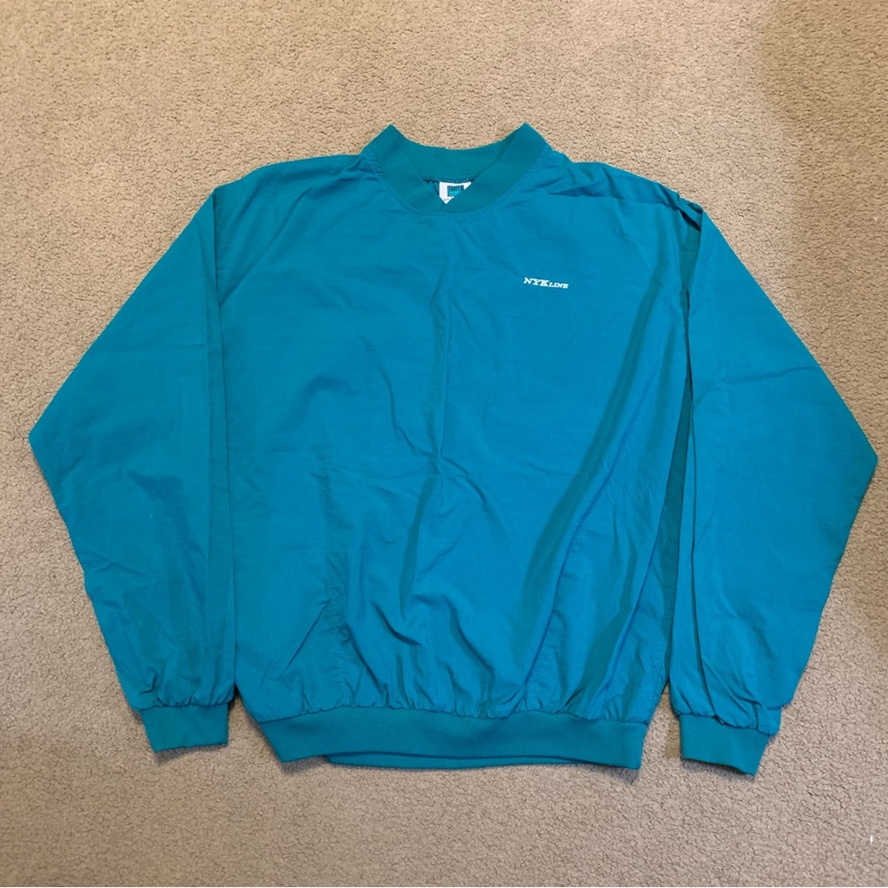 Vintage NYK Line Men's XL Long Sleeve Windbreaker Shirt Pockets Teal Blue USA